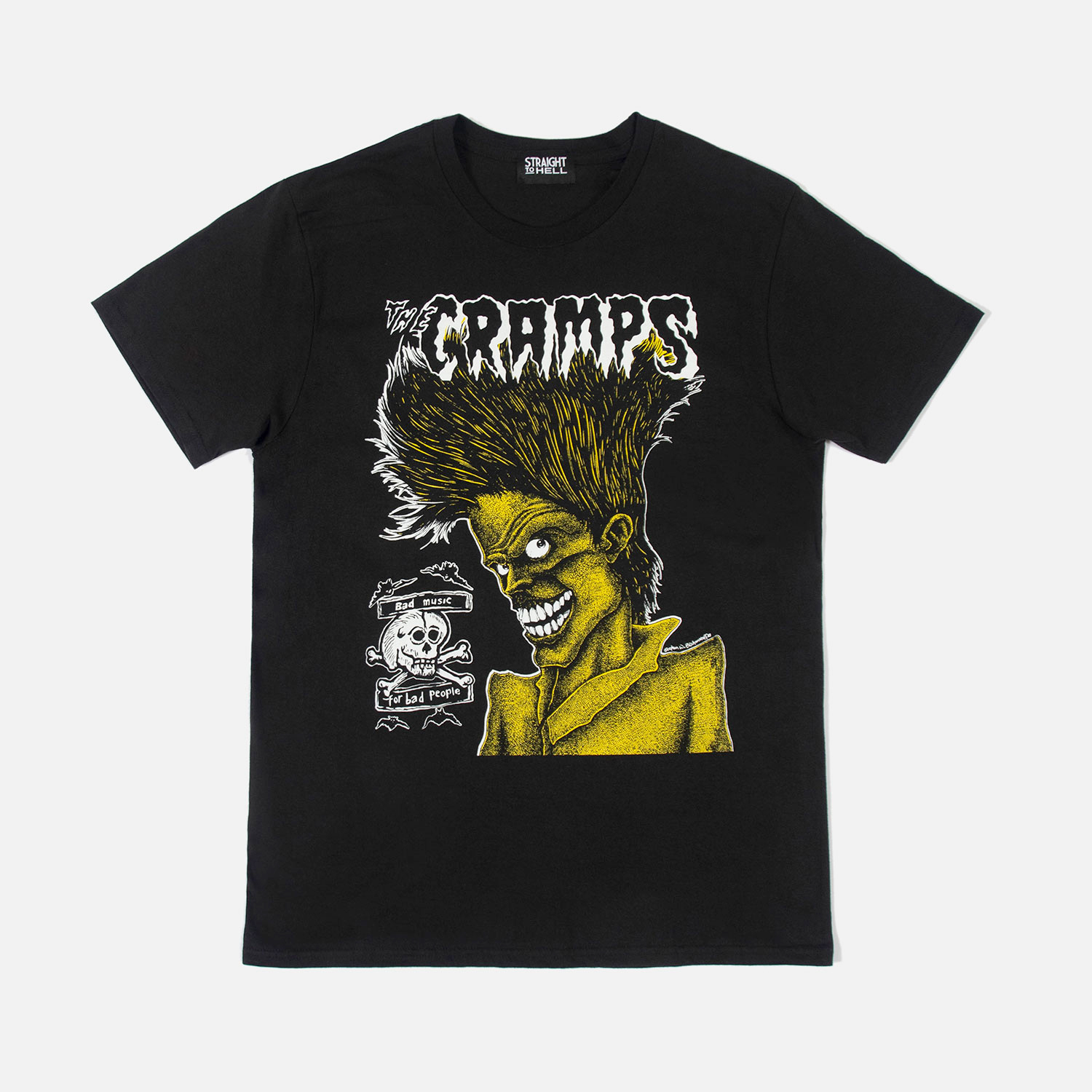 The Cramps official t-shirts are here for a limited time. Bad Music for Bad People goes hard, pulling artwork from the front and back of this perfect record featuring the unmistakable likeness of singer Lux Interior. We also mixed the cover art with mid-’80s promotional Cramps imagery. When your rotation needs something louder, this tee has you covered. Made from soft cotton and printed in-house in Chicago. This is our Everyday fit. Available with a single-sided front print or go double-sided with artwork on the front and back. Let’s talk about The Cramps and their shocking sound. Trashy, primitive punk and garage rock collide with raw R&B, fuzzed-out rockabilly gone wrong, B-movie sleaze, and ’50s rock ‘n’ roll dragged through the gutter. Do you get it now? Good.