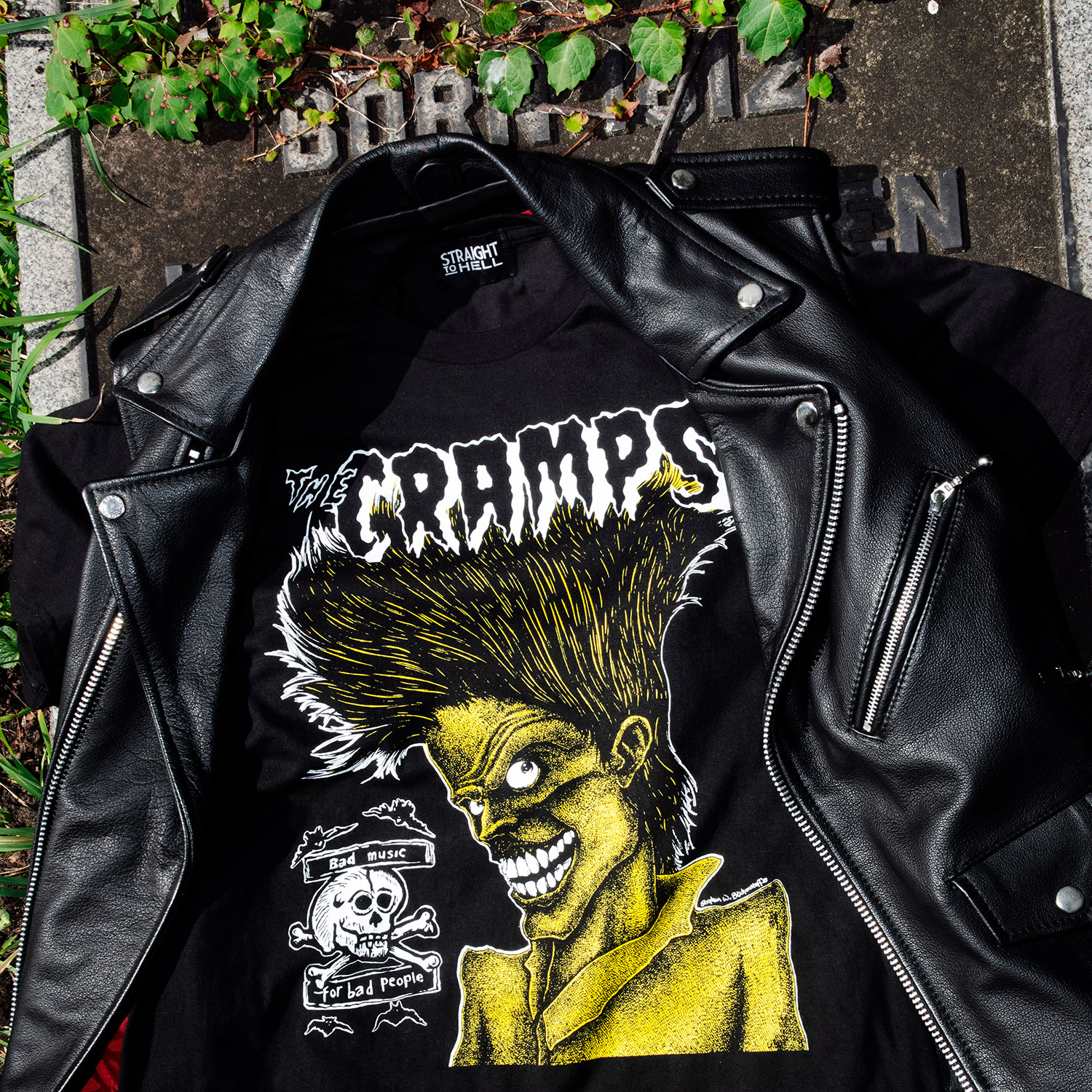 The Cramps official t-shirts are here for a limited time. Bad Music for Bad People goes hard, pulling artwork from the front and back of this perfect record featuring the unmistakable likeness of singer Lux Interior. We also mixed the cover art with mid-’80s promotional Cramps imagery. When your rotation needs something louder, this tee has you covered. Made from soft cotton and printed in-house in Chicago. This is our Everyday fit. Available with a single-sided front print or go double-sided with artwork on the front and back. Let’s talk about The Cramps and their shocking sound. Trashy, primitive punk and garage rock collide with raw R&B, fuzzed-out rockabilly gone wrong, B-movie sleaze, and ’50s rock ‘n’ roll dragged through the gutter. Do you get it now? Good.