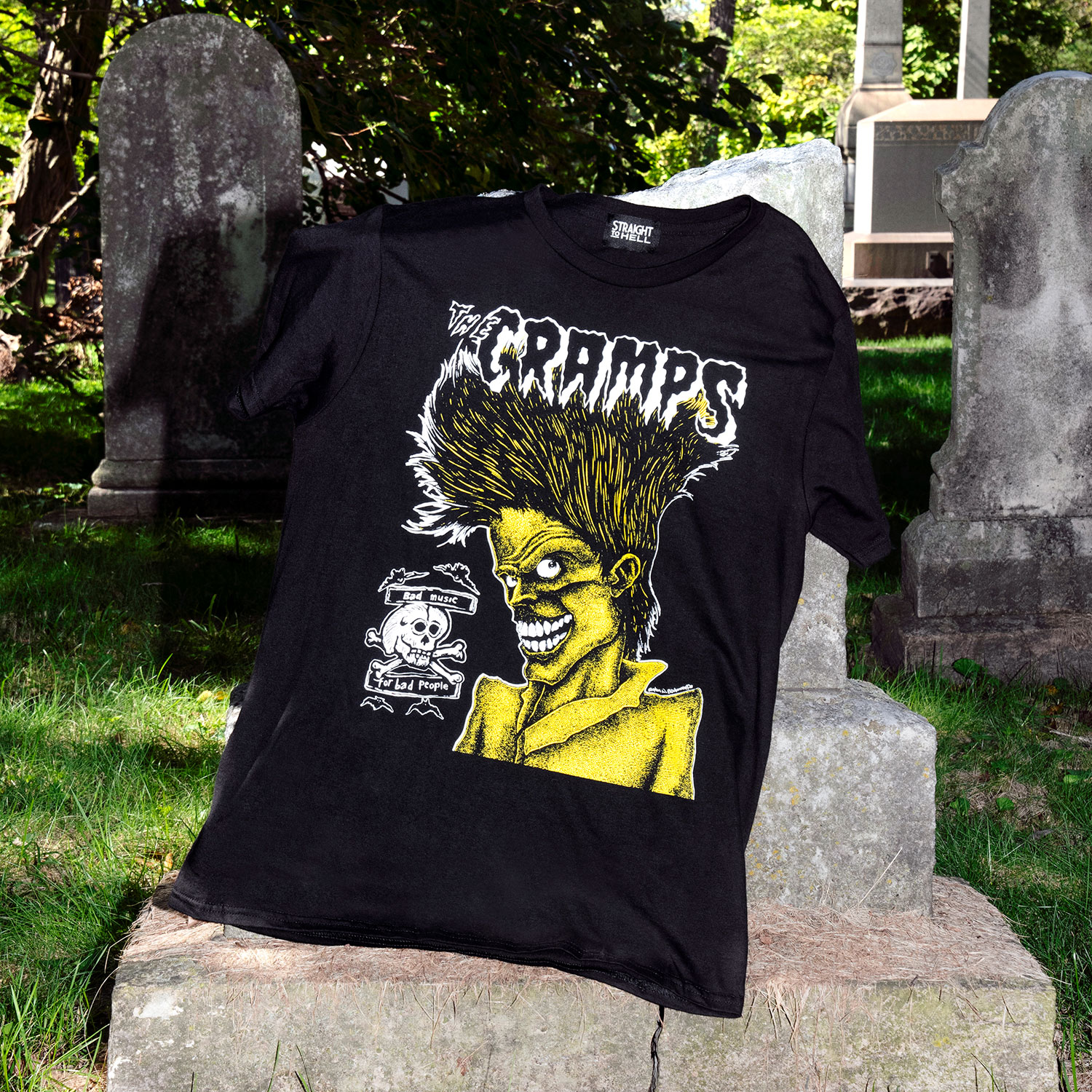 The Cramps official t-shirts are here for a limited time. Bad Music for Bad People goes hard, pulling artwork from the front and back of this perfect record featuring the unmistakable likeness of singer Lux Interior. We also mixed the cover art with mid-’80s promotional Cramps imagery. When your rotation needs something louder, this tee has you covered. Made from soft cotton and printed in-house in Chicago. This is our Everyday fit. Available with a single-sided front print or go double-sided with artwork on the front and back. Let’s talk about The Cramps and their shocking sound. Trashy, primitive punk and garage rock collide with raw R&B, fuzzed-out rockabilly gone wrong, B-movie sleaze, and ’50s rock ‘n’ roll dragged through the gutter. Do you get it now? Good.