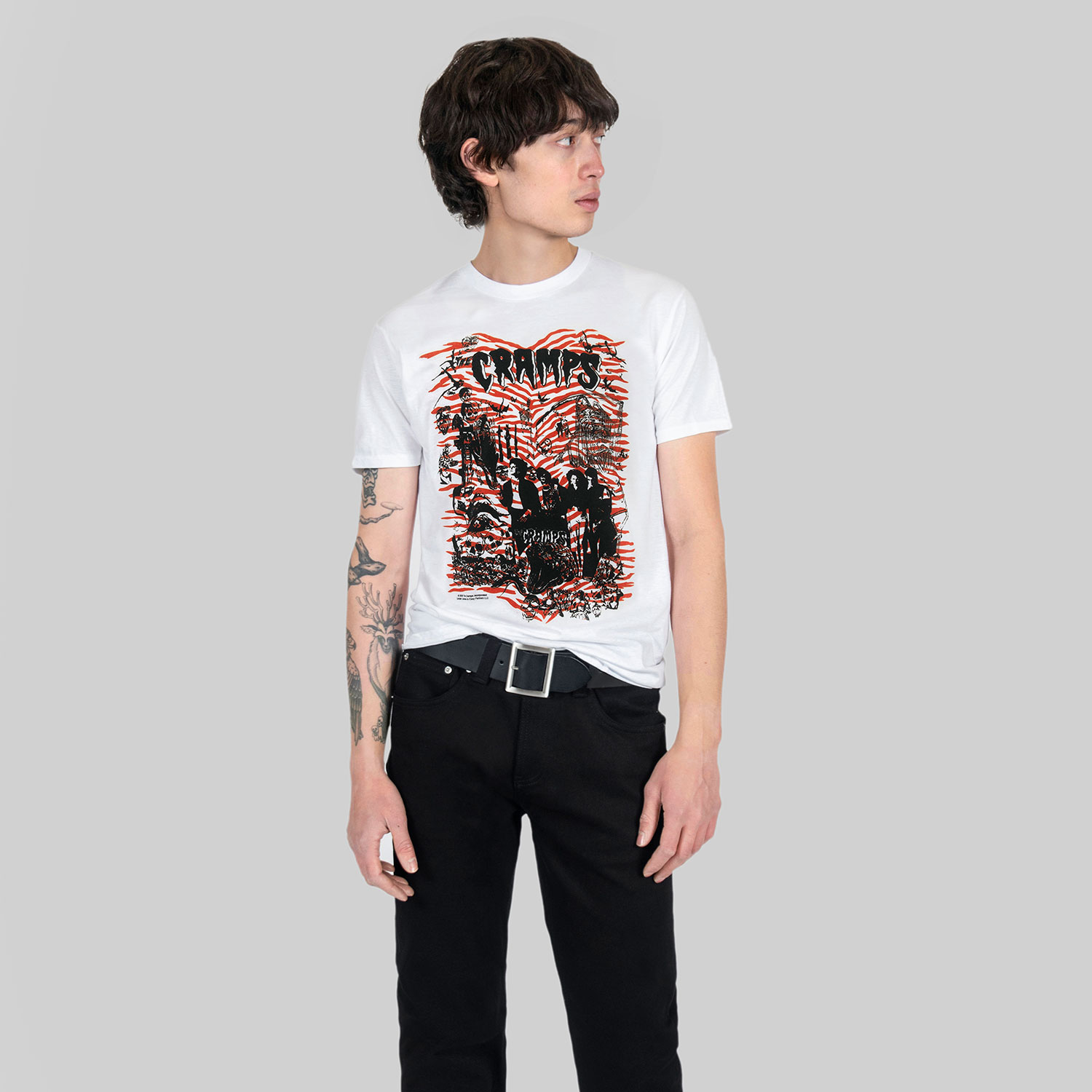 The Cramps official t-shirts are here for a limited time. This collage of Rockin’ Bones graveyard imagery and skeletons is pulled from a mid-’80s promotional t-shirt and reworked with The Cramps’ love for tiger stripes. For the fan who expects more from a band tee, this graphic is anything but background noise. Made from soft cotton and printed in-house in Chicago. This is our Everyday fit. Let’s talk about The Cramps and their shocking sound. Trashy, primitive punk and garage rock collide with raw R&B, fuzzed-out rockabilly gone wrong, B-movie sleaze, and ’50s rock ‘n’ roll dragged through the gutter. Do you get it now? Good.