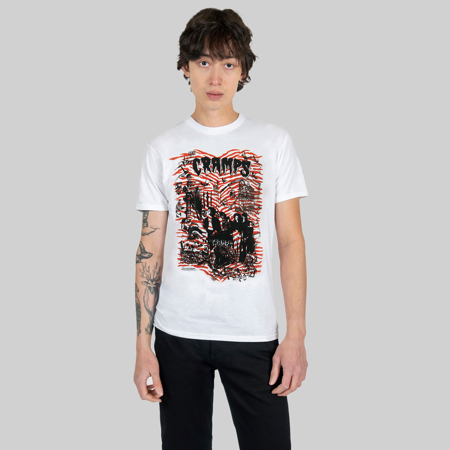 The Cramps official t-shirts are here for a limited time. This collage of Rockin’ Bones graveyard imagery and skeletons is pulled from a mid-’80s promotional t-shirt and reworked with The Cramps’ love for tiger stripes. For the fan who expects more from a band tee, this graphic is anything but background noise. Made from soft cotton and printed in-house in Chicago. This is our Everyday fit. Let’s talk about The Cramps and their shocking sound. Trashy, primitive punk and garage rock collide with raw R&B, fuzzed-out rockabilly gone wrong, B-movie sleaze, and ’50s rock ‘n’ roll dragged through the gutter. Do you get it now? Good.