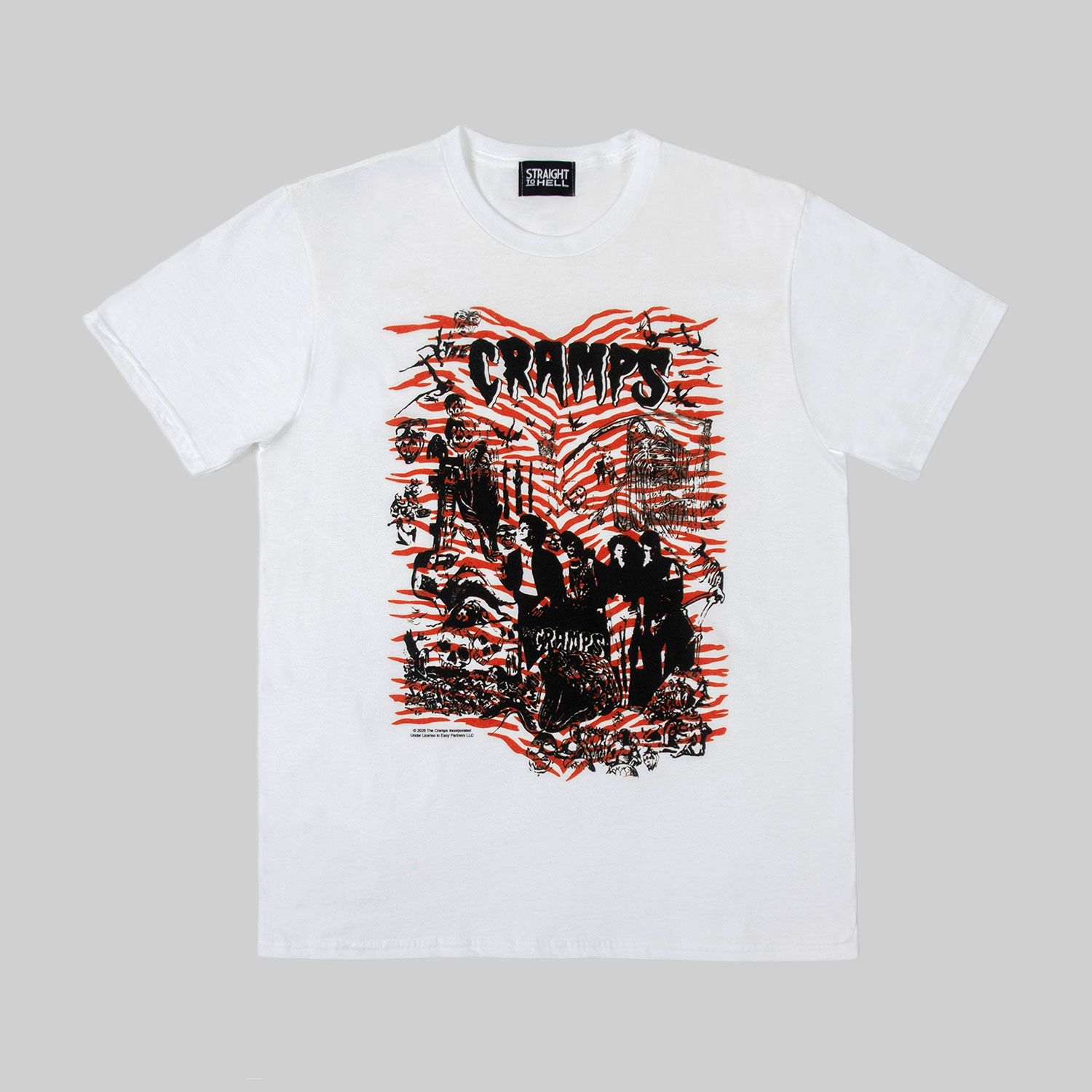 The Cramps official t-shirts are here for a limited time. This collage of Rockin’ Bones graveyard imagery and skeletons is pulled from a mid-’80s promotional t-shirt and reworked with The Cramps’ love for tiger stripes. For the fan who expects more from a band tee, this graphic is anything but background noise. Made from soft cotton and printed in-house in Chicago. This is our Everyday fit. Let’s talk about The Cramps and their shocking sound. Trashy, primitive punk and garage rock collide with raw R&B, fuzzed-out rockabilly gone wrong, B-movie sleaze, and ’50s rock ‘n’ roll dragged through the gutter. Do you get it now Good.