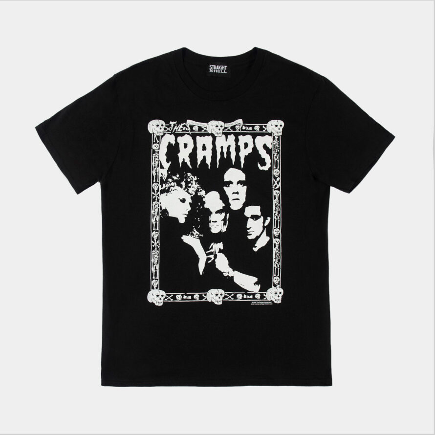 The Cramps official t-shirts are here for a limited time. Artwork from their debut album, Songs the Lord Taught Us, goes big inside the band’s classic skull-and-bones Too Bad You’re Gonna Die border. For The Cramps fan who appreciates more than the average band tee, this one delivers in black and white. Made from soft cotton and printed in-house in Chicago. This is our Everyday fit. Let’s talk about The Cramps and their shocking sound. Trashy, primitive punk and garage rock collide with raw R&B, fuzzed-out rockabilly gone wrong, B-movie sleaze, and ’50s rock ‘n’ roll dragged through the gutter. Do you get it now? Good.