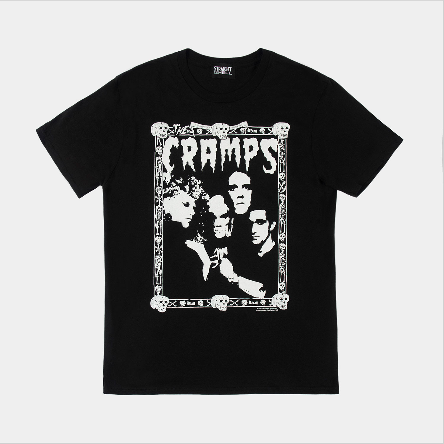 The Cramps official t-shirts are here for a limited time. Artwork from their debut album, Songs the Lord Taught Us, goes big inside the band’s classic skull-and-bones Too Bad You’re Gonna Die border. For The Cramps fan who appreciates more than the average band tee, this one delivers in black and white. Made from soft cotton and printed in-house in Chicago. This is our Everyday fit. Let’s talk about The Cramps and their shocking sound. Trashy, primitive punk and garage rock collide with raw R&B, fuzzed-out rockabilly gone wrong, B-movie sleaze, and ’50s rock ‘n’ roll dragged through the gutter. Do you get it now? Good.