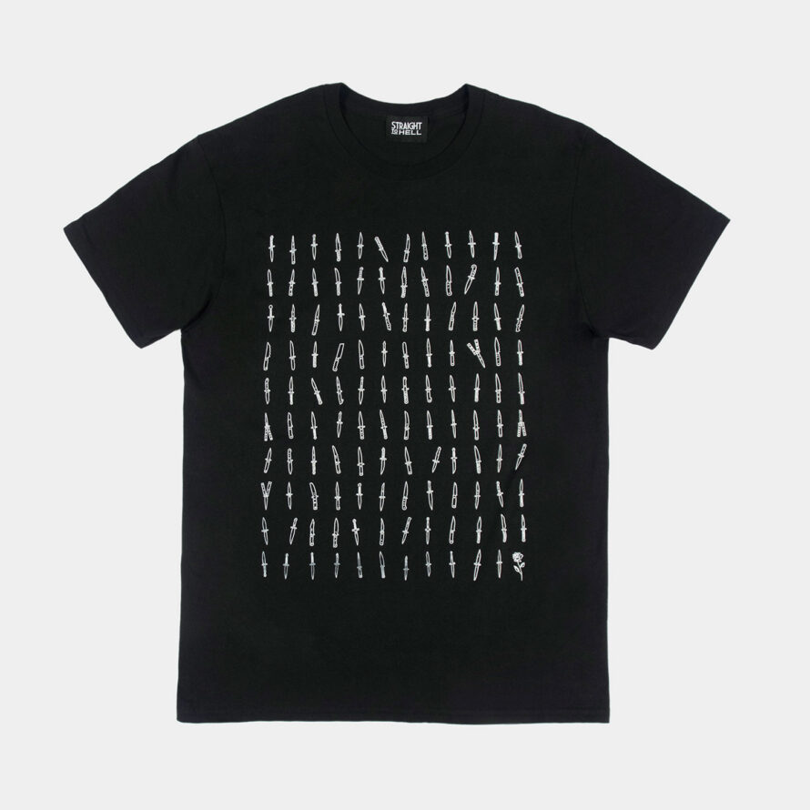 119 daggers, all different. And one rose. Artwork that makes its point without having to spell anything out. Short sleeve t-shirt made from soft cotton. Printed in-house in Chicago. This is our Everyday fit.