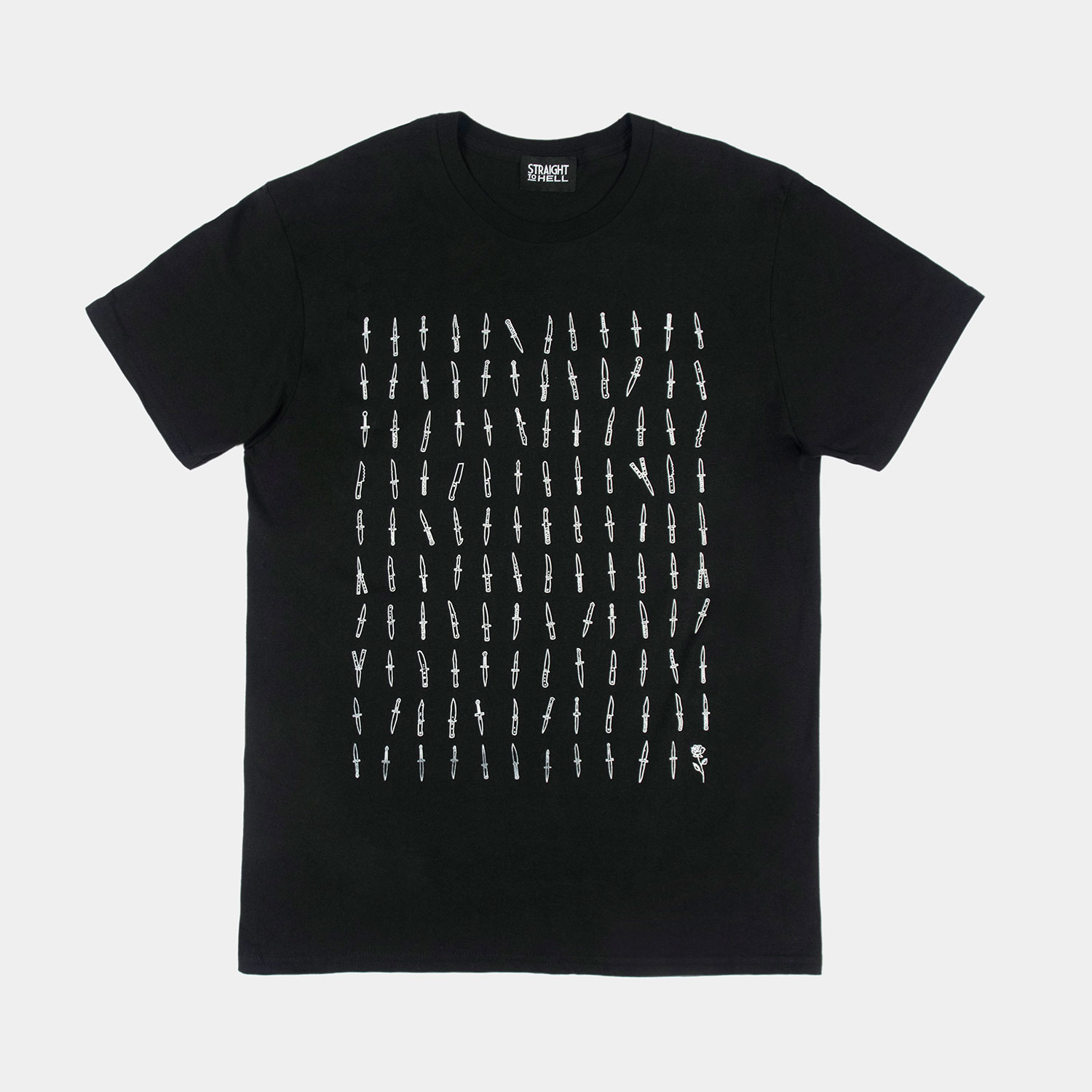 119 daggers, all different. And one rose. Artwork that makes its point without having to spell anything out. Short sleeve t-shirt made from soft cotton. Printed in-house in Chicago. This is our Everyday fit.