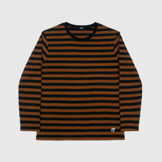 The Fitz 77 is a black and brown striped, long sleeve t-shirt. This soft cotton-poly blend allows the fabric to drape comfortably on your torso. It features a subtle 77 embroidered on the lower corner. This is our Bucktown fit.