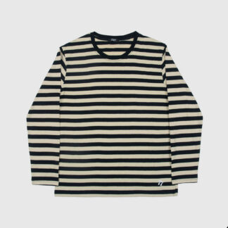 The Fitz 77 is a black and cream striped, long sleeve t-shirt. This soft cotton-poly blend allows the fabric to drape comfortably on your torso. It features a subtle 77 embroidered on the lower corner. This is our Bucktown fit.