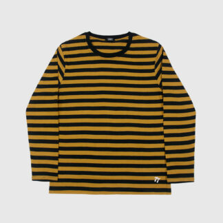 The Fitz 77 is a black and yellow striped, long sleeve t-shirt. This soft cotton-poly blend allows the fabric to drape comfortably on your torso. It features a subtle 77 embroidered on the lower corner. This is our Bucktown fit.