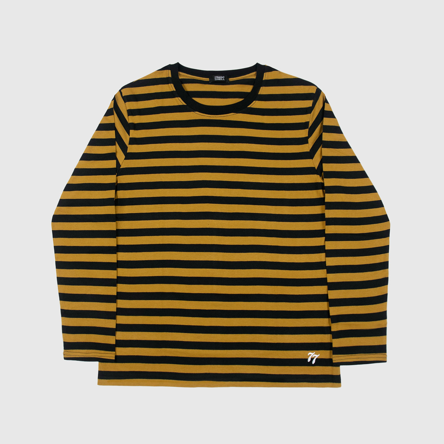 The Fitz 77 is a black and yellow striped, long sleeve t-shirt. This soft cotton-poly blend allows the fabric to drape comfortably on your torso. It features a subtle 77 embroidered on the lower corner. This is our Bucktown fit.
