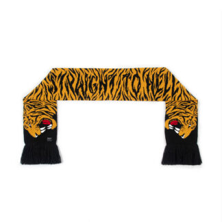 The Stray Tiger is a two-headed tiger soccer scarf with a discreet Straight To Hell statement. Some days a jacket isn't enough, and an ordinary scarf just won't do. Medium weight and measuring 57 inches. Made to be worn long in front or wrapped around the neck.