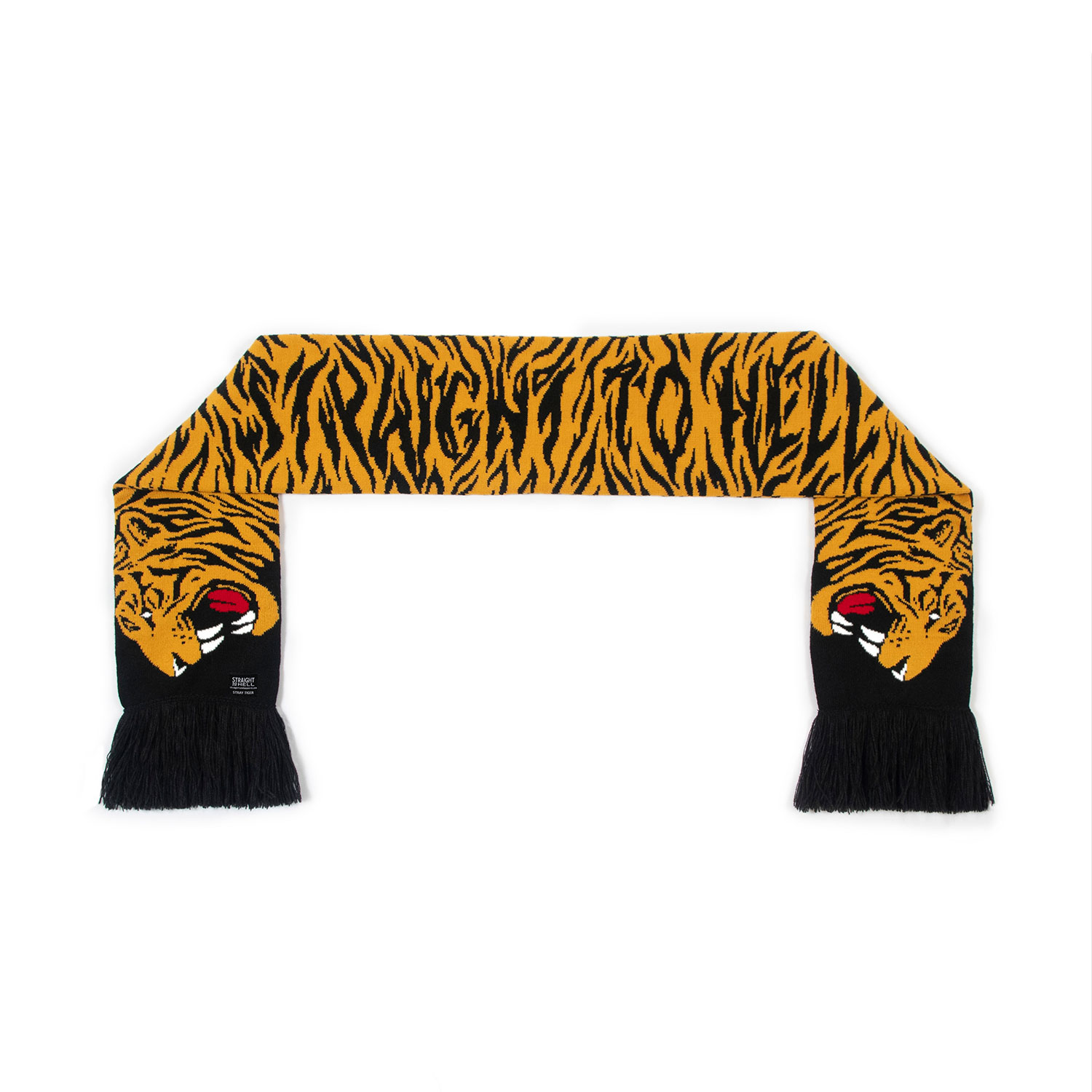 The Stray Tiger is a two-headed tiger soccer scarf with a discreet Straight To Hell statement. Some days a jacket isn't enough, and an ordinary scarf just won't do. Medium weight and measuring 57 inches. Made to be worn long in front or wrapped around the neck.