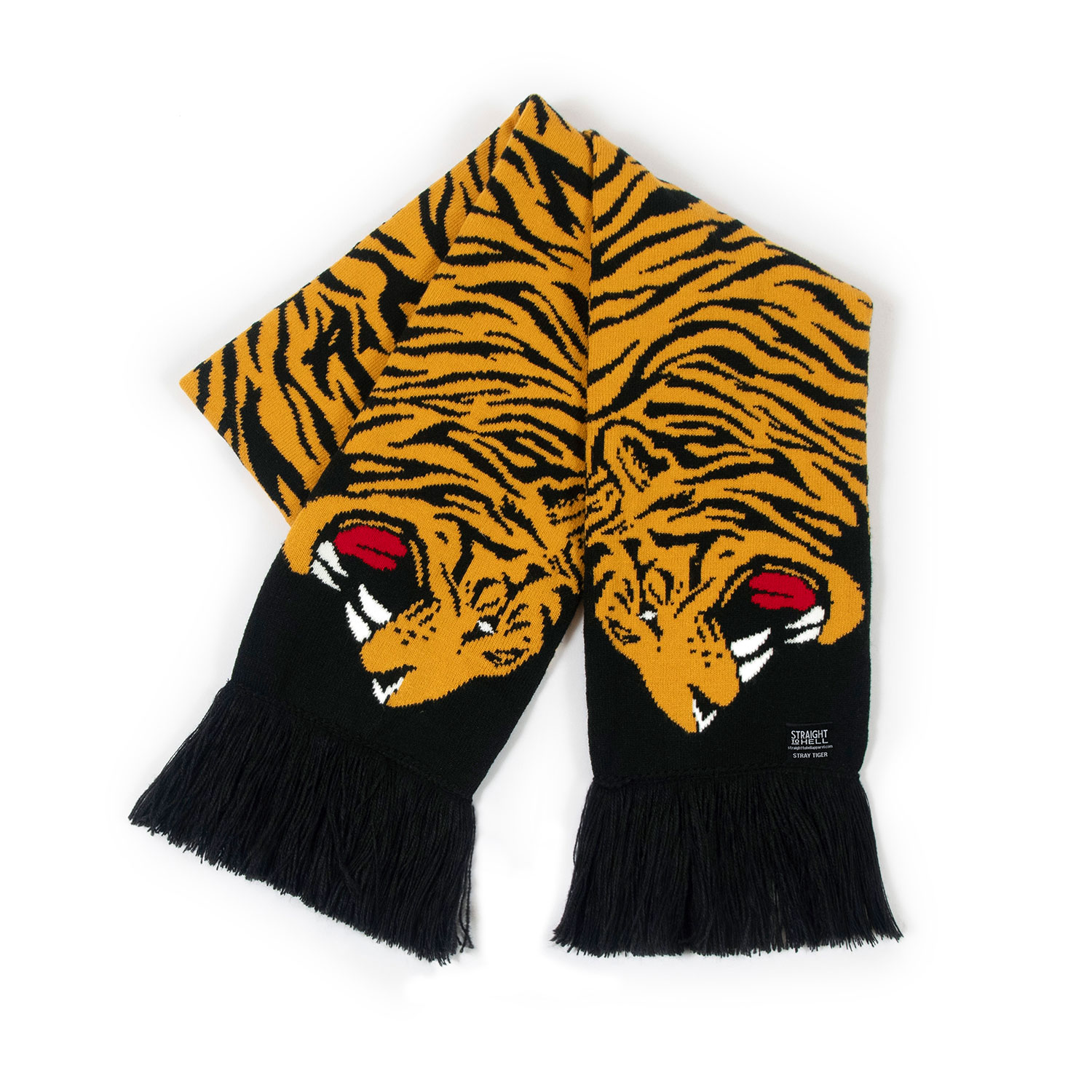 The Stray Tiger is a two-headed tiger soccer scarf with a discreet Straight To Hell statement. Some days a jacket isn't enough, and an ordinary scarf just won't do. Medium weight and measuring 57 inches. Made to be worn long in front or wrapped around the neck.