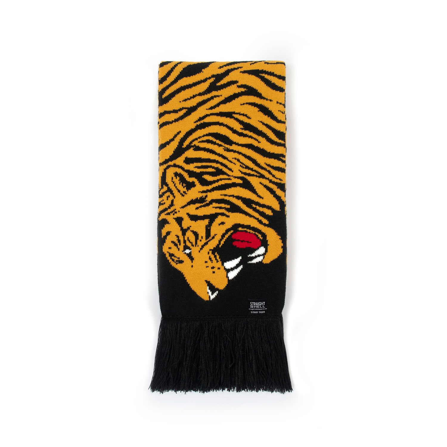 The Stray Tiger is a two-headed tiger soccer scarf with a discreet Straight To Hell statement. Some days a jacket isn't enough, and an ordinary scarf just won't do. Medium weight and measuring 57 inches. Made to be worn long in front or wrapped around the neck.