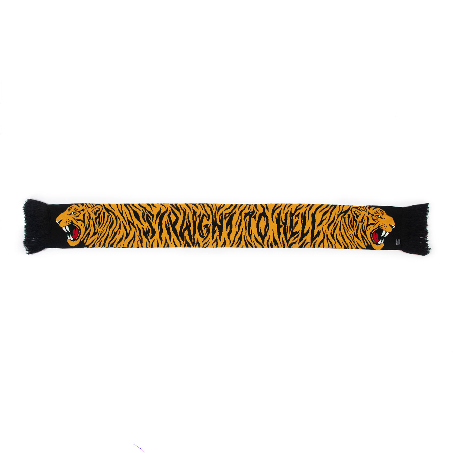 The Stray Tiger is a two-headed tiger soccer scarf with a discreet Straight To Hell statement. Some days a jacket isn't enough, and an ordinary scarf just won't do. Medium weight and measuring 57 inches. Made to be worn long in front or wrapped around the neck.