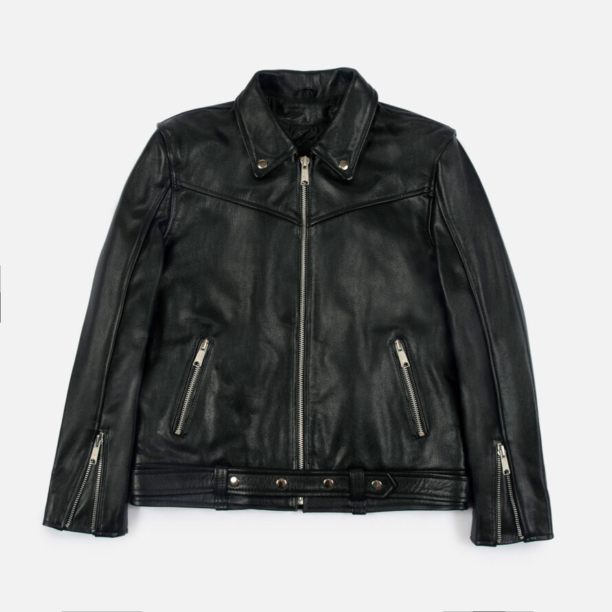 The Tribe leather jacket keeps things simple without sacrificing character. The diagonal chest seam detailing adds a subtle edge without complicating the design. A unique snap belt gives this classic style its own identity. Featuring a snap collar, vertical zipper closure, side pockets, and our Modern fit. All the attitude of a classic moto jacket, with a clean look that works just about anywhere. Made from premium leather that softens, relaxes, and conforms to your shape with wear, only getting better over time.