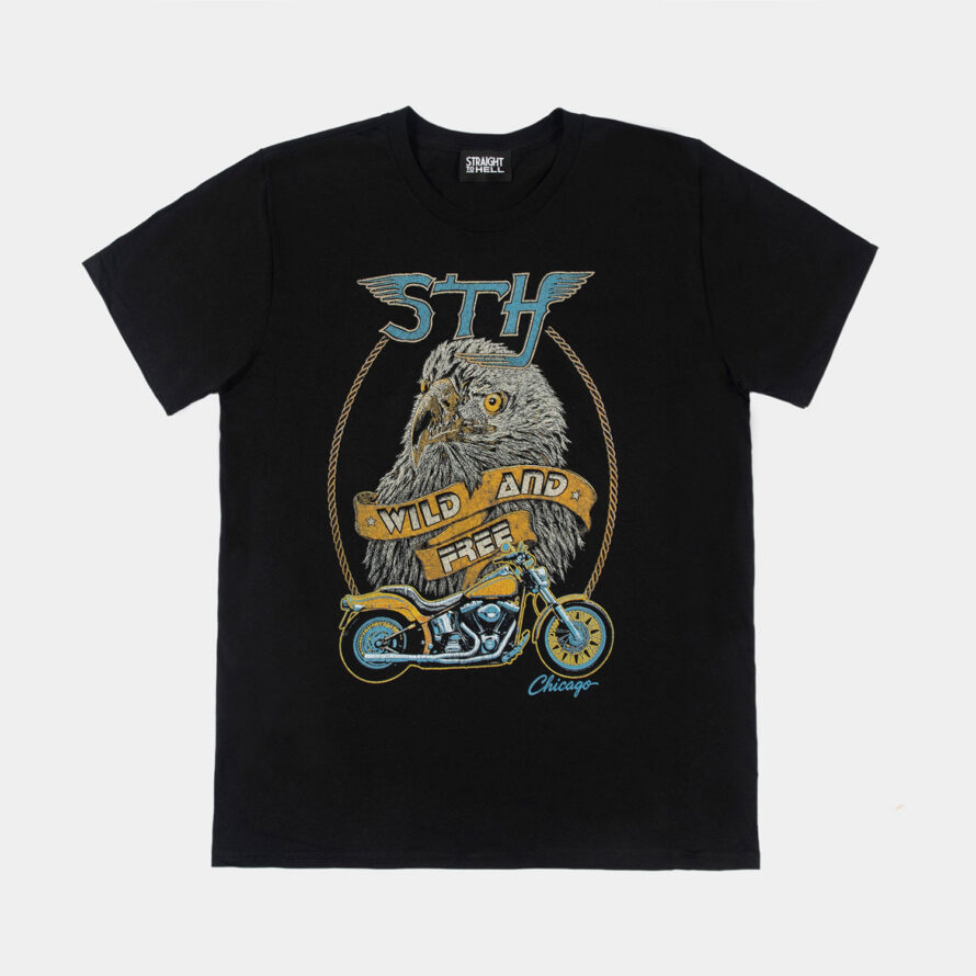 We had fun with this one. Our version of a vintage biker tee. This is the kind of shirt that could've been around for decades. Short sleeve t-shirt made from soft cotton. Printed in-house in Chicago. This is our Everyday fit.